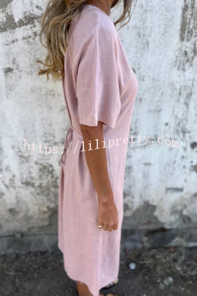 Embroidered Pattern V-neck Short-sleeved Loose Midi Dress