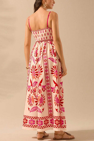 Unique Printed Sling Back Pleated Loose Holiday Maxi Dress