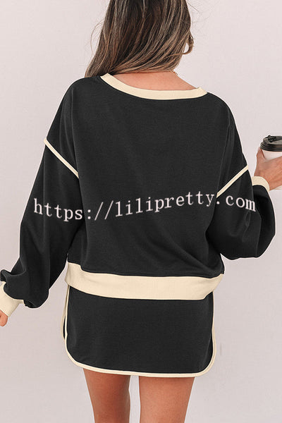Fashion Round Neck Long Sleeve Spliced Casual Top and Elastic Waist Loose Shorts Set