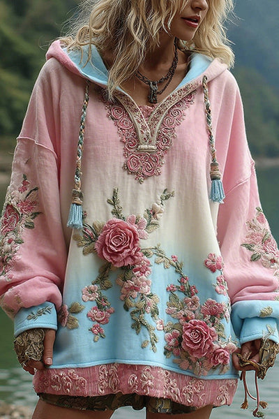 Floral Print Loose Hooded Long-Sleeved Sweatshirt