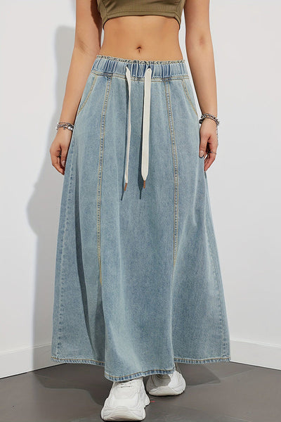 Fashion Elastic Waist Drawstring Casual Pocket Denim Maxi Skirt