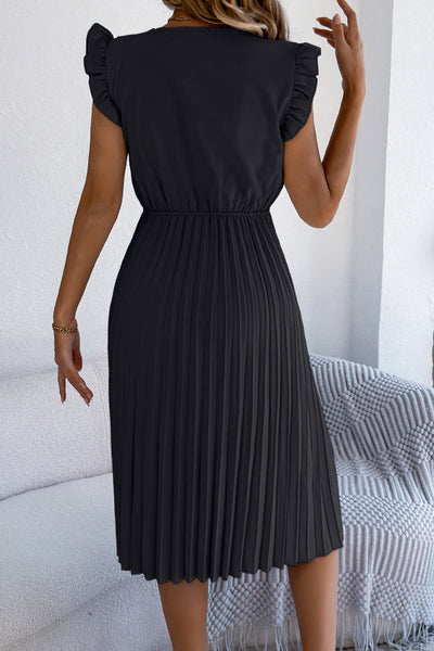 Solid Color V-neck Lace-trimmed Sleeveless Casual Pleated Midi Dress