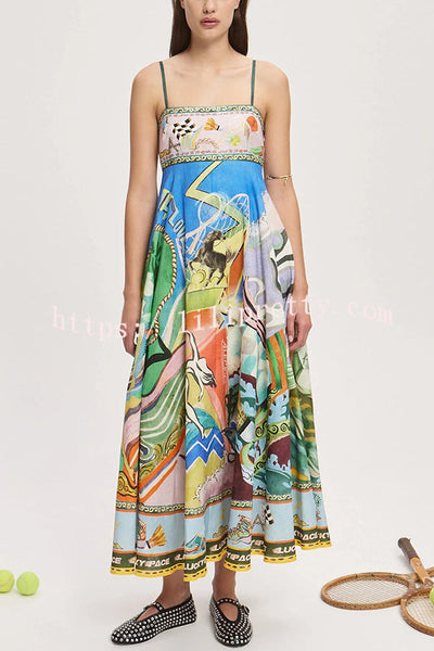 Linen Blend Unique Print Suspenders Back Pleated Pocket Resort Style Maxi Dress