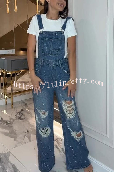 Fashionable Hot Diamond Casual Pocket Ripped Denim Overalls