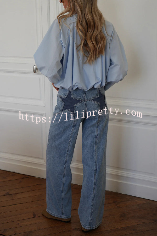 Stylish Denim Colorblock Star Patterned Mid Waist Pocket Wide Leg Jeans