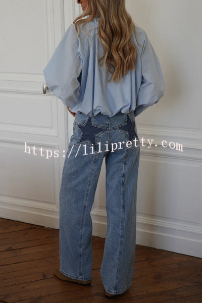 Stylish Denim Colorblock Star Patterned Mid Waist Pocket Wide Leg Jeans
