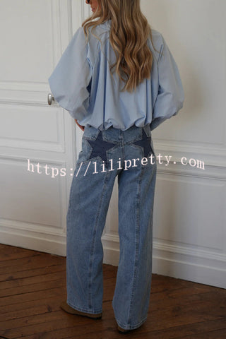 Stylish Denim Colorblock Star Patterned Mid Waist Pocket Wide Leg Jeans