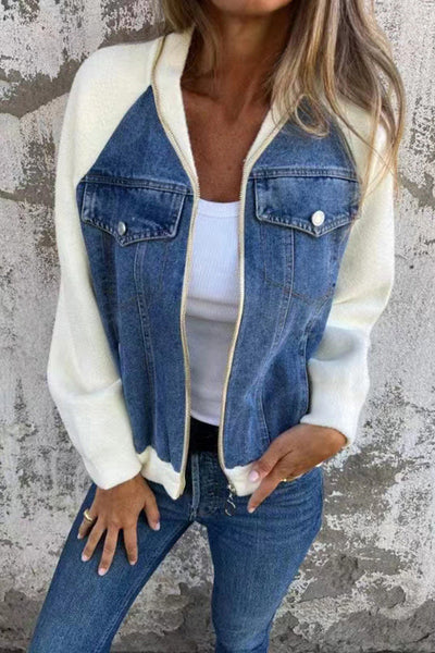 Fashion Denim Stitching Zipper Pocket Casual Jacket