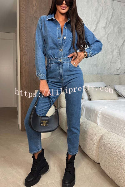 Downtown Diva Denim Button Up Long Sleeve Pocket Shirt Overalls Jumpsuit