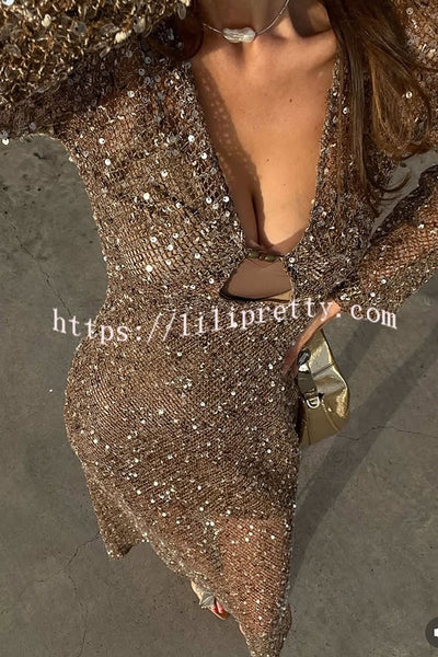 Fashion Sequined Hollow V-neck Long-sleeved Holiday Midi Dress