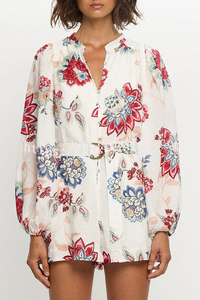 Floral Print Elegant Long Sleeve Waist Tie Casual Rompers
