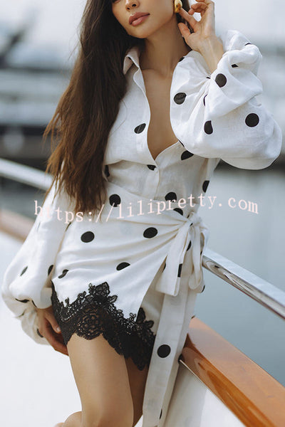 Lulabell Linen Blend Polka Dot Lantern Sleeve Shirt and Warp Tie-up Lace Trim Skirt Set