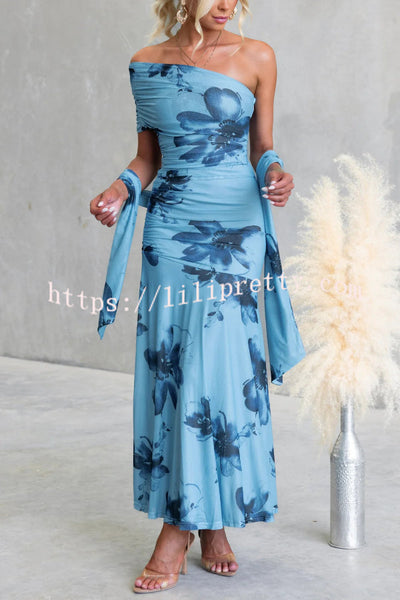 Floral Print Elegant Mesh Off-shoulder Fitted Maxi Dress