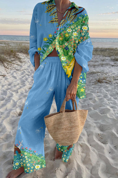 Green Grass Print Oversized Shirt and Elastic Waist Pocket Pants Set