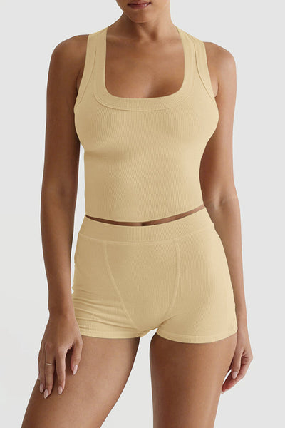 Fashionable Sports Yoga Style Sleeveless Square Neck Top and Elastic Slim Shorts Set