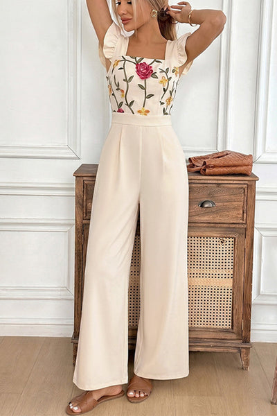 Floral Embroidered Ruffle Trim Jumpsuit