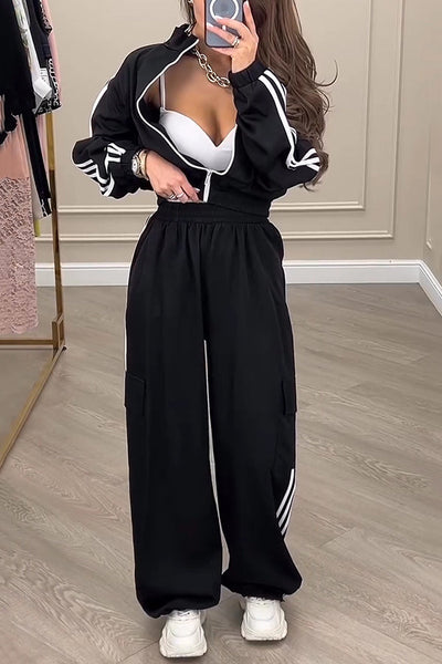 Fashion Loose Long Sleeve Zipper Top and Elastic Waist Pocket Casual Pants Set