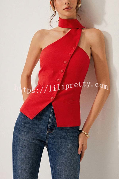 Rima Linen Blend Asymmetric Halter Neck Button Smocked Vest