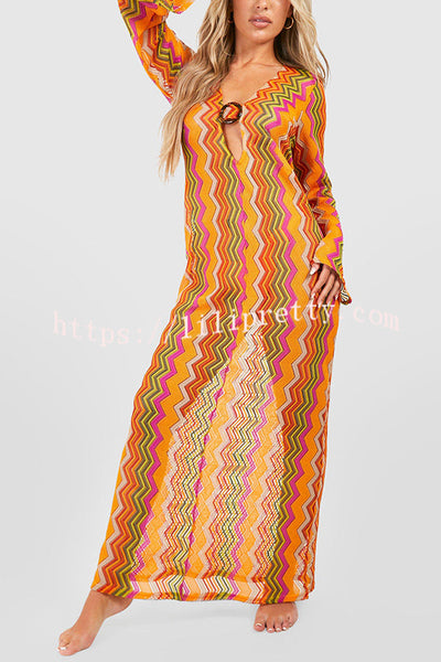 Orange Soda Stripe Print O-ring Long Sleeve Beach Maxi Dress