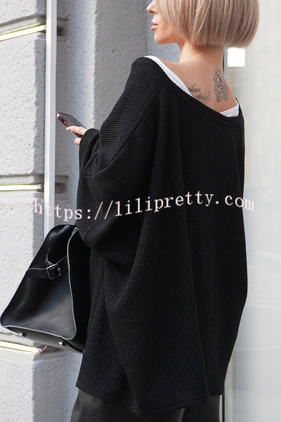 Warm Winter Ribbed Knit V-neck Batwing Sleeve Loose Relaxed Sweater