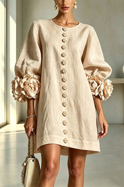 Rima Linen Blend Flowers Button Down Floral Cuffs Half Sleeve Mini Dress