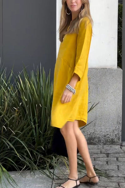Linen Blend Solid Loose Casual Pocket Mini Dress