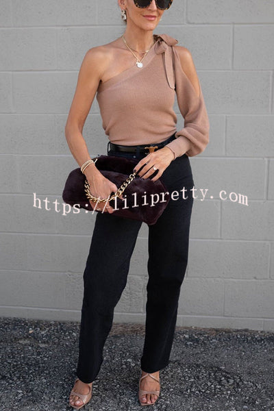 Cute and Unique Knit One Shoulder Tie-up Cutout Loose Sweater