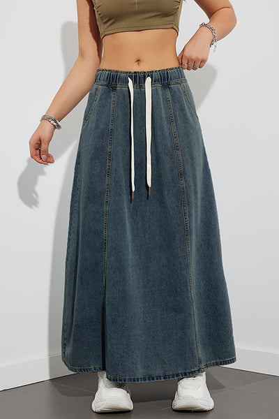 Fashion Elastic Waist Drawstring Casual Pocket Denim Maxi Skirt