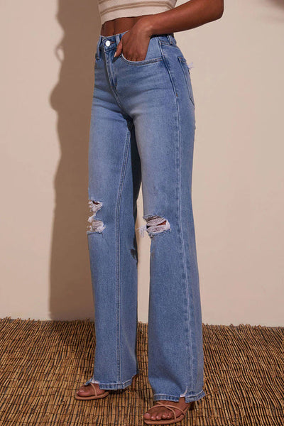 Fashion Raw Edge Ripped Casual Pocket Stretch Straight Jeans