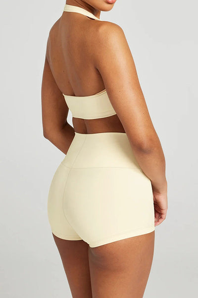 Fashionable Sports Yoga Style Halterneck Top and Stretch Slim Shorts Set