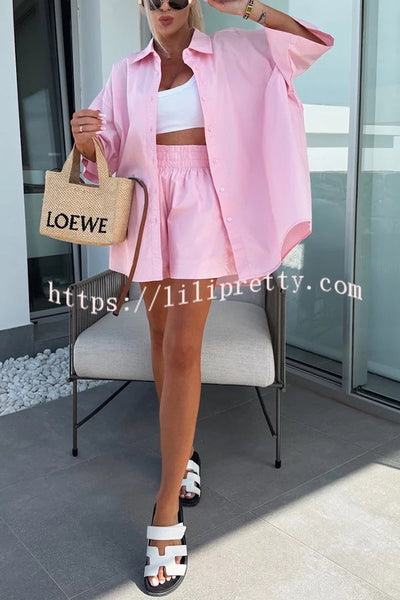 Summer Casual Loose Short-sleeved Shirt and Elastic High Waist Shorts Set