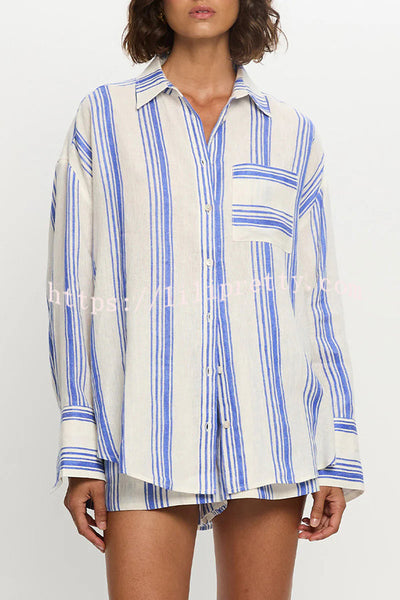 Stripe Print Lapel Long-sleeved Casual Shirt and Elastic Waist Loose Shorts Set