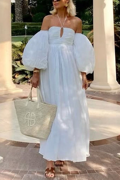 Solid Color Off-the-shoulder Hollow Puff Sleeve Maxi Dress