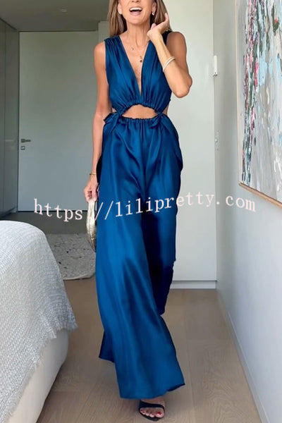 Midnight Charm Satin Ruched Cutout Tie-up Maxi Dress