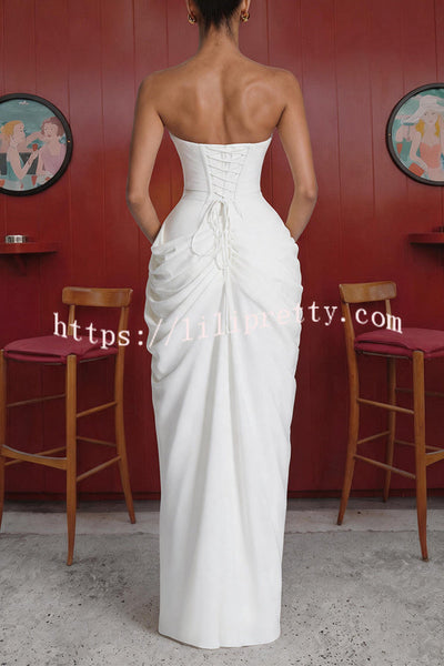 Cyra Back Lace-up Asymmetrical Pleats Strapless Slit Maxi Dress