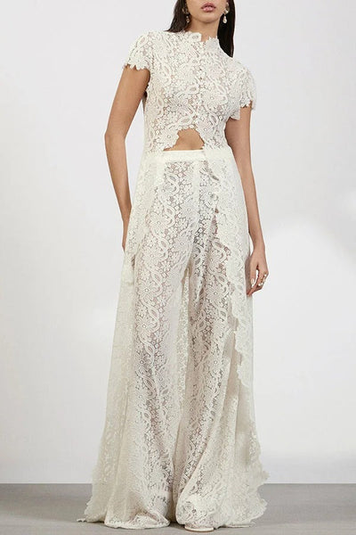 Elegance Avant-garde Floral Lace Short Sleeve High Low Top and High Rise Wide Leg Pants Set