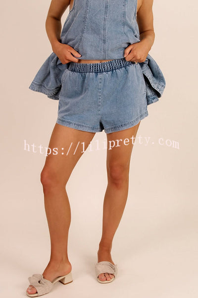 Adventure Awaits Denim Vertical Seam Sleeveless Flare Hem Top and Elastic Waist Pocket Shorts Set