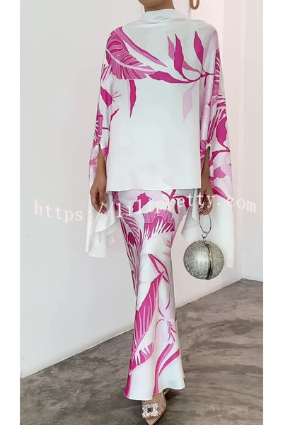 Matilda Satin Unique Print Drape Cape Sleeve Top and Elastic Waist Maxi Skirt Set