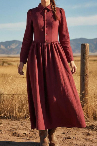 Linen Blend Solid Color Lapel Long-sleeved Casual Maxi Dress