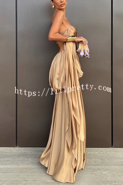 Flowing Fantasy Satin Pleated Bubble Design Strapless Drape Maxi Dress