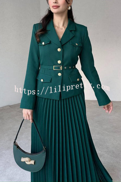 Solid Color Lapel Button Belt Blazer and Pleated Casual Maxi Skirt Set