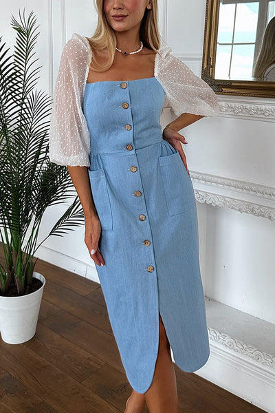 Briena Denim Square Neck Polka Dot Puff Sleeve Button Pocket Midi Dress