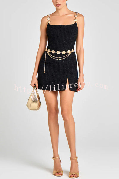 Timeless Exquisite Tweed Fabric Metal Coin Chain Detail Slip Mini Dress