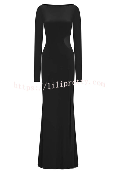 Fashion Long-sleeved Slim Sexy Hollow Slit Maxi Dress