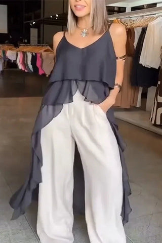 Solid Color V-neck Ruffled Irregular Loose Top