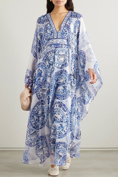 Blue and White Porcelain Print V-Neck Waist Loose Maxi Dress