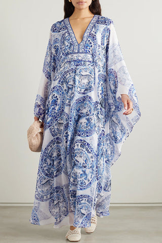 Blue and White Porcelain Print V-Neck Waist Loose Maxi Dress