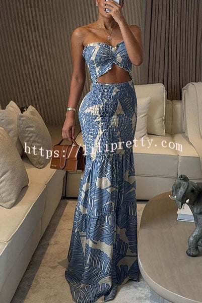 Vivica Floral Smocked Cutout Halter Fishtail Stretch Maxi Dress