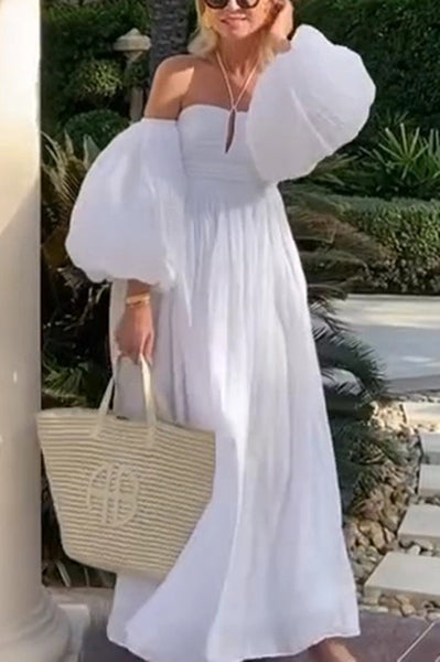 Solid Color Off-the-shoulder Hollow Puff Sleeve Maxi Dress