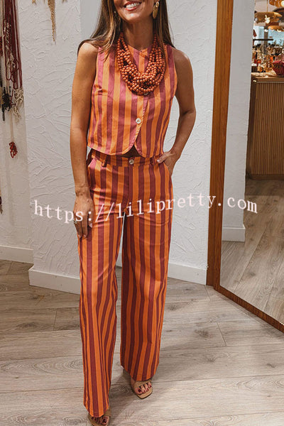 City Outfit Colorful Stripes Button Up Vest and Elastic Waist Pocket Loose Pants Set